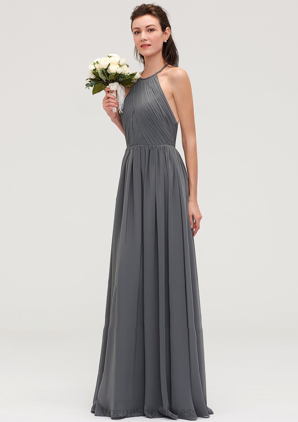 Sleeveless Halter Chiffon A-line/Princess Long/Floor-Length Bridesmaid Dresseses With Pleated Jaylen DLP0025466