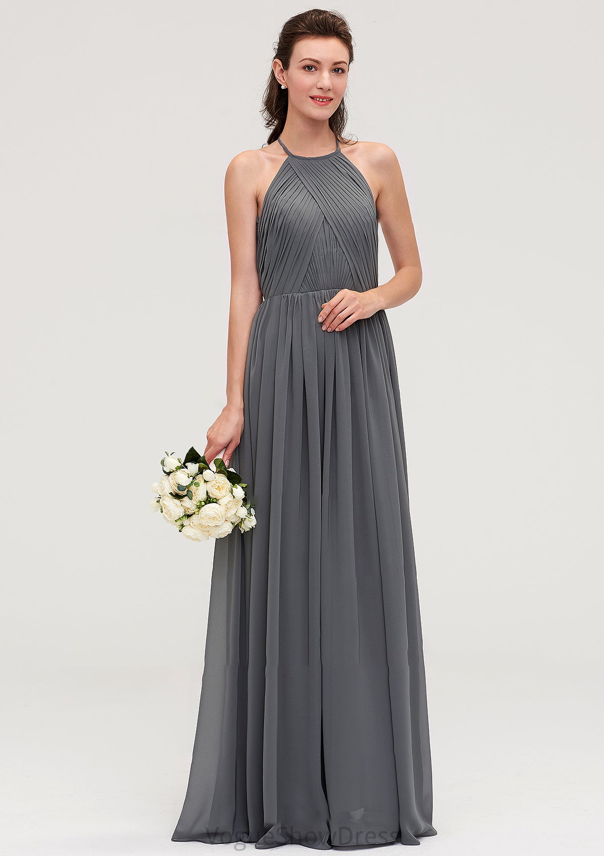 Sleeveless Halter Chiffon A-line/Princess Long/Floor-Length Bridesmaid Dresseses With Pleated Jaylen DLP0025466