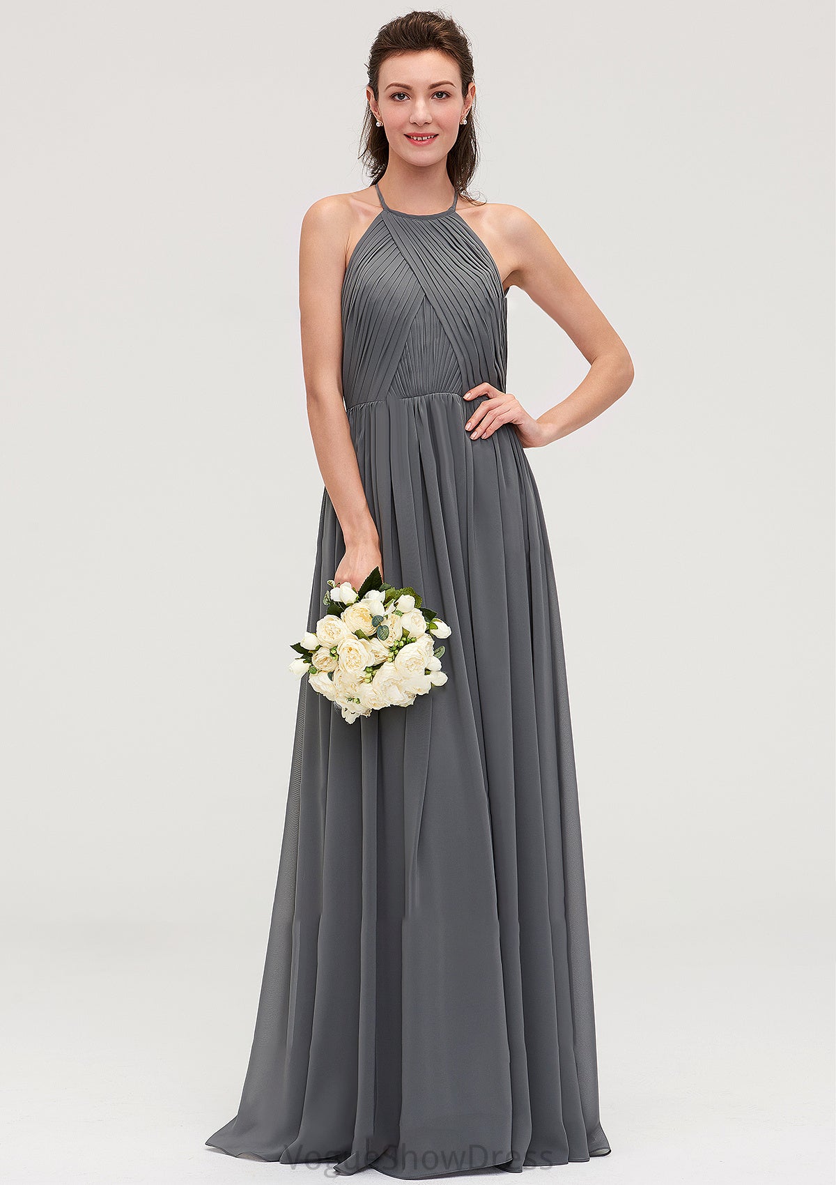 Sleeveless Halter Chiffon A-line/Princess Long/Floor-Length Bridesmaid Dresseses With Pleated Jaylen DLP0025466