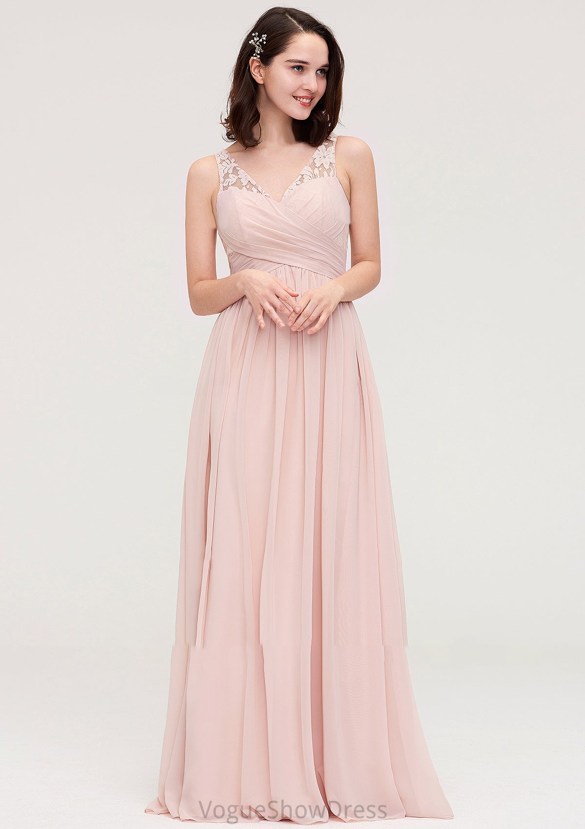 Sleeveless V Neck Long/Floor-Length Chiffon A-line/Princess Bridesmaid Dresses With Pleated Appliqued Muriel DLP0025467