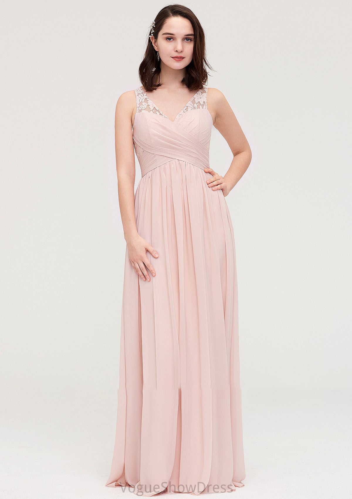 Sleeveless V Neck Long/Floor-Length Chiffon A-line/Princess Bridesmaid Dresses With Pleated Appliqued Muriel DLP0025467