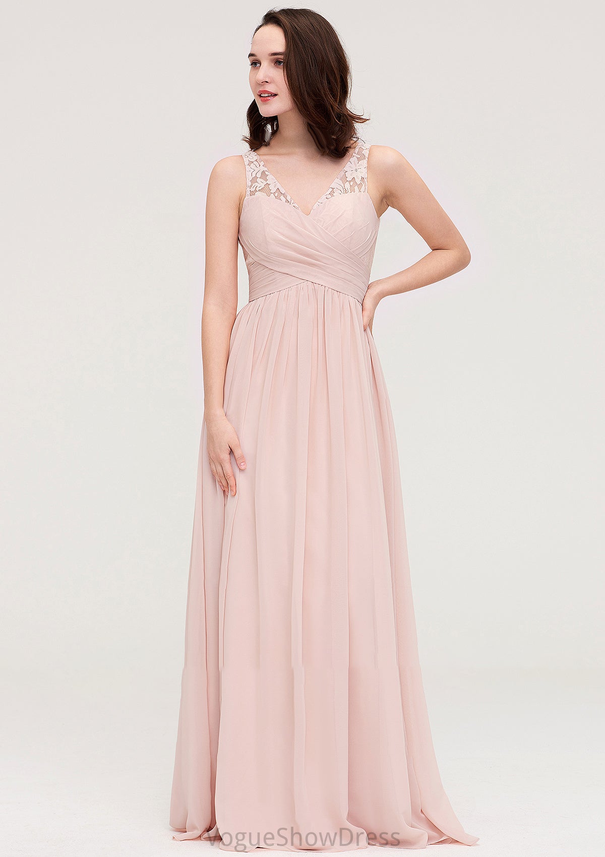 Sleeveless V Neck Long/Floor-Length Chiffon A-line/Princess Bridesmaid Dresses With Pleated Appliqued Muriel DLP0025467