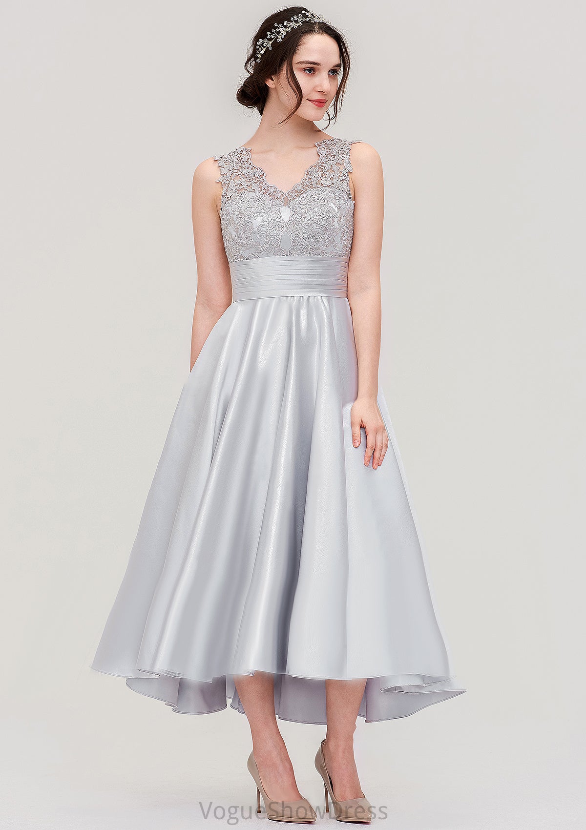 Sleeveless V Neck Asymmetrical Satin A-line/Princess Bridesmaid Dresses With Pleated Lace Destiney DLP0025468