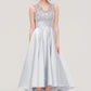 Sleeveless V Neck Asymmetrical Satin A-line/Princess Bridesmaid Dresses With Pleated Lace Destiney DLP0025468