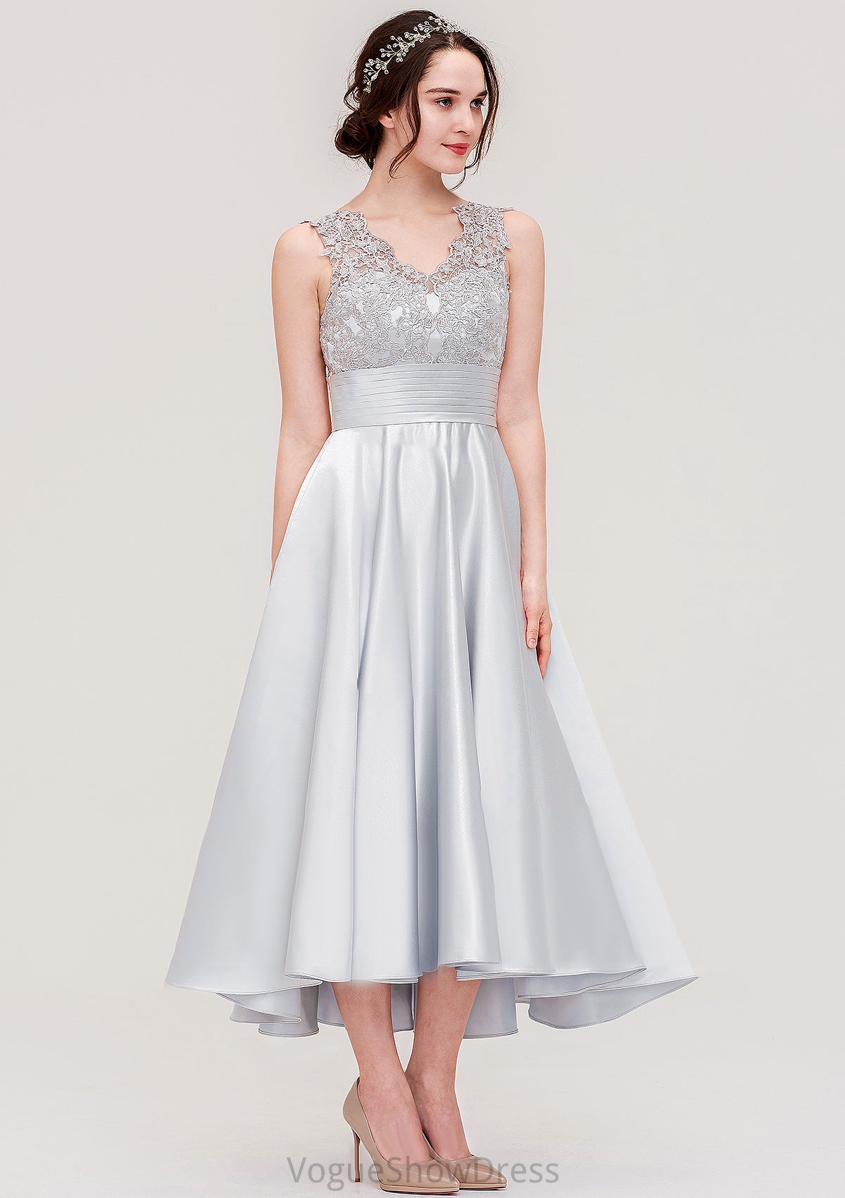 Sleeveless V Neck Asymmetrical Satin A-line/Princess Bridesmaid Dresses With Pleated Lace Destiney DLP0025468