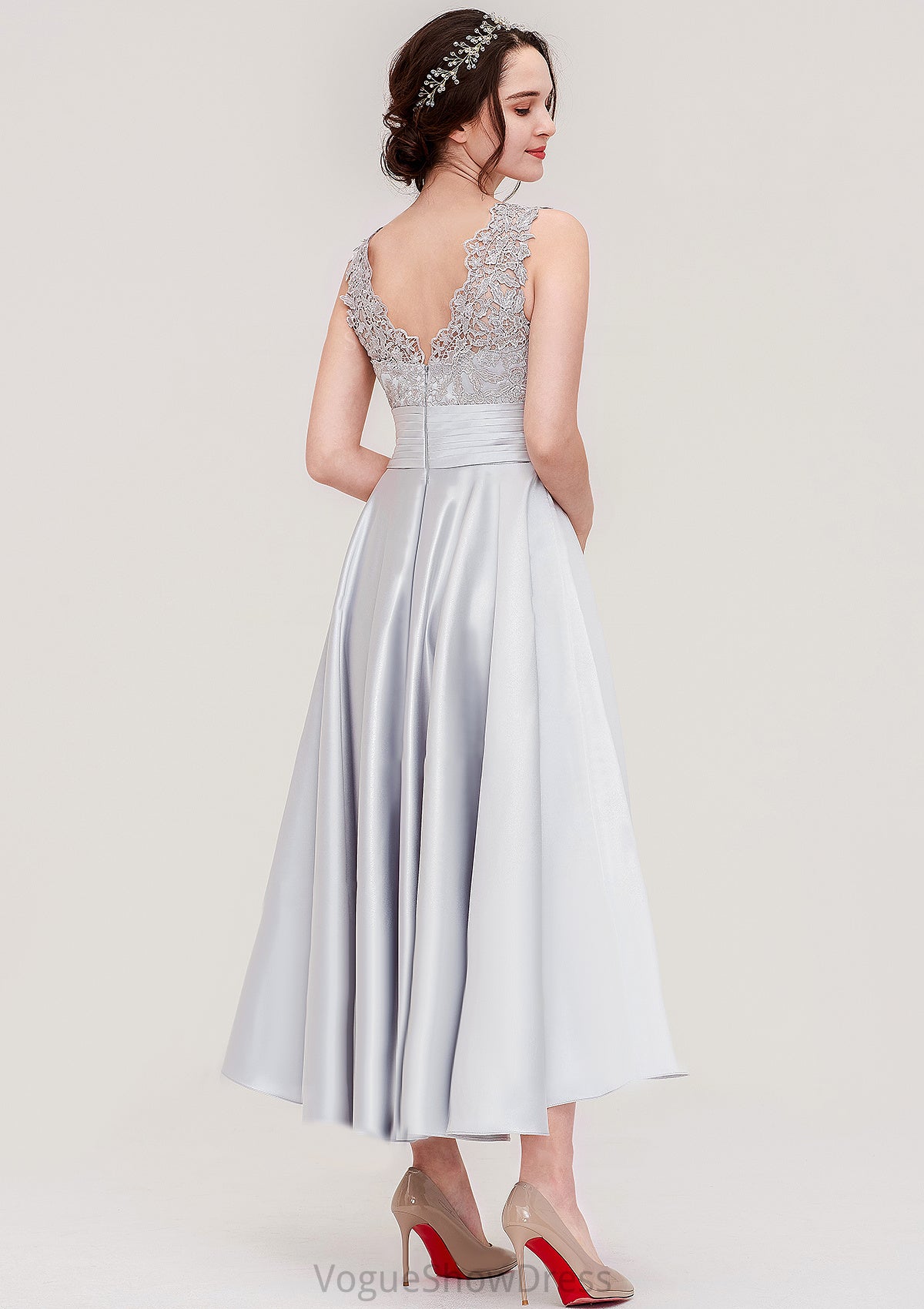 Sleeveless V Neck Asymmetrical Satin A-line/Princess Bridesmaid Dresses With Pleated Lace Destiney DLP0025468