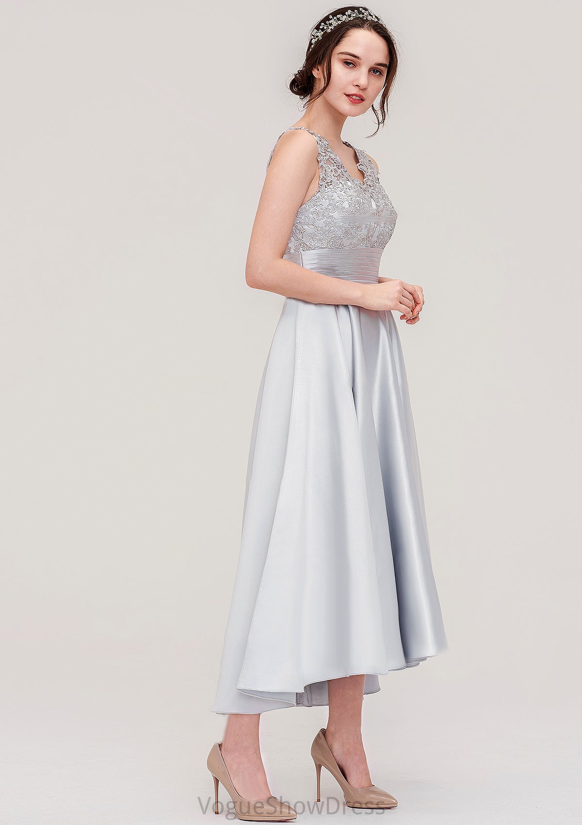 Sleeveless V Neck Asymmetrical Satin A-line/Princess Bridesmaid Dresses With Pleated Lace Destiney DLP0025468