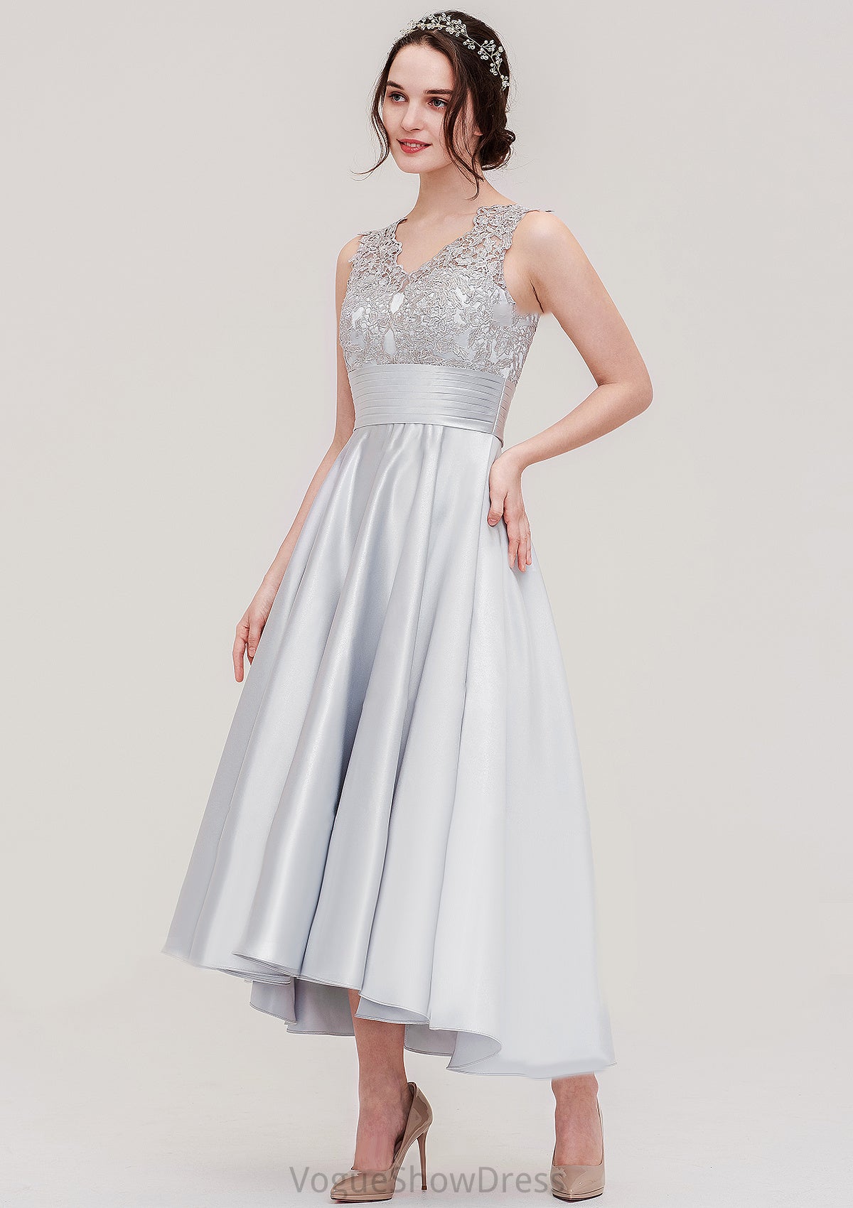 Sleeveless V Neck Asymmetrical Satin A-line/Princess Bridesmaid Dresses With Pleated Lace Destiney DLP0025468