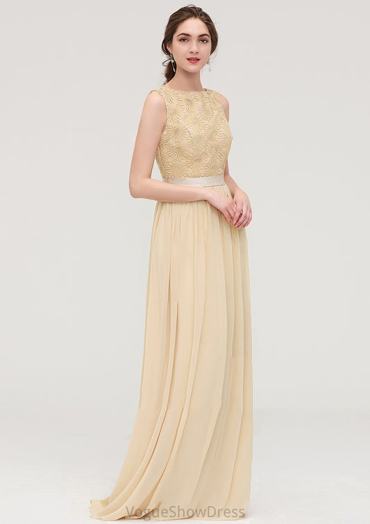 Bateau Sleeveless A-line/Princess Chiffon Long/Floor-Length Bridesmaid Dresses With Sashes Lace Sofia DLP0025472