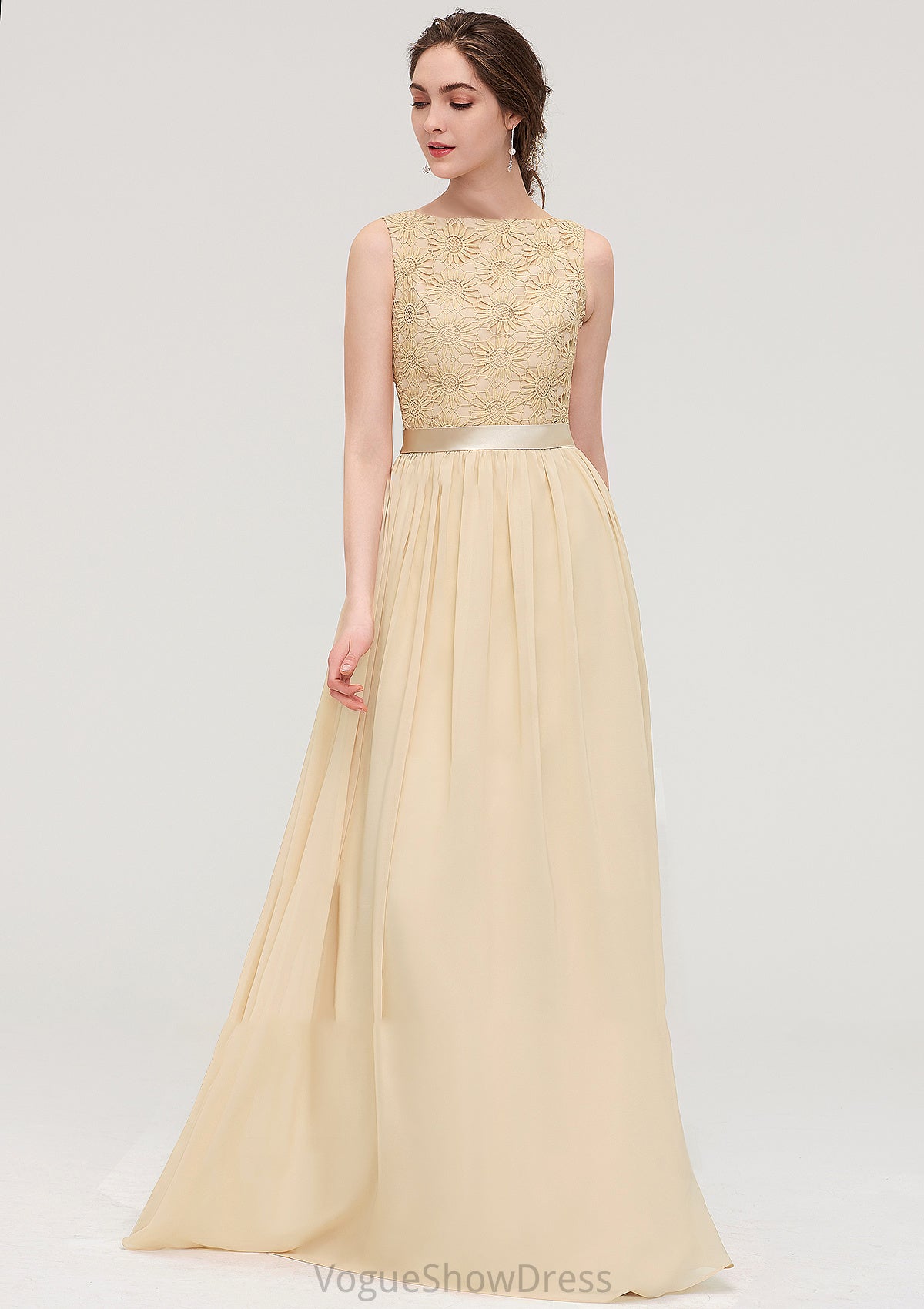 Bateau Sleeveless A-line/Princess Chiffon Long/Floor-Length Bridesmaid Dresses With Sashes Lace Sofia DLP0025472