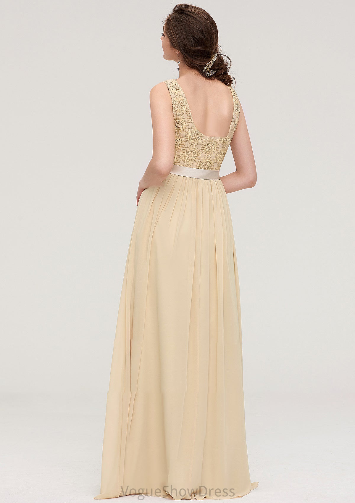 Bateau Sleeveless A-line/Princess Chiffon Long/Floor-Length Bridesmaid Dresses With Sashes Lace Sofia DLP0025472