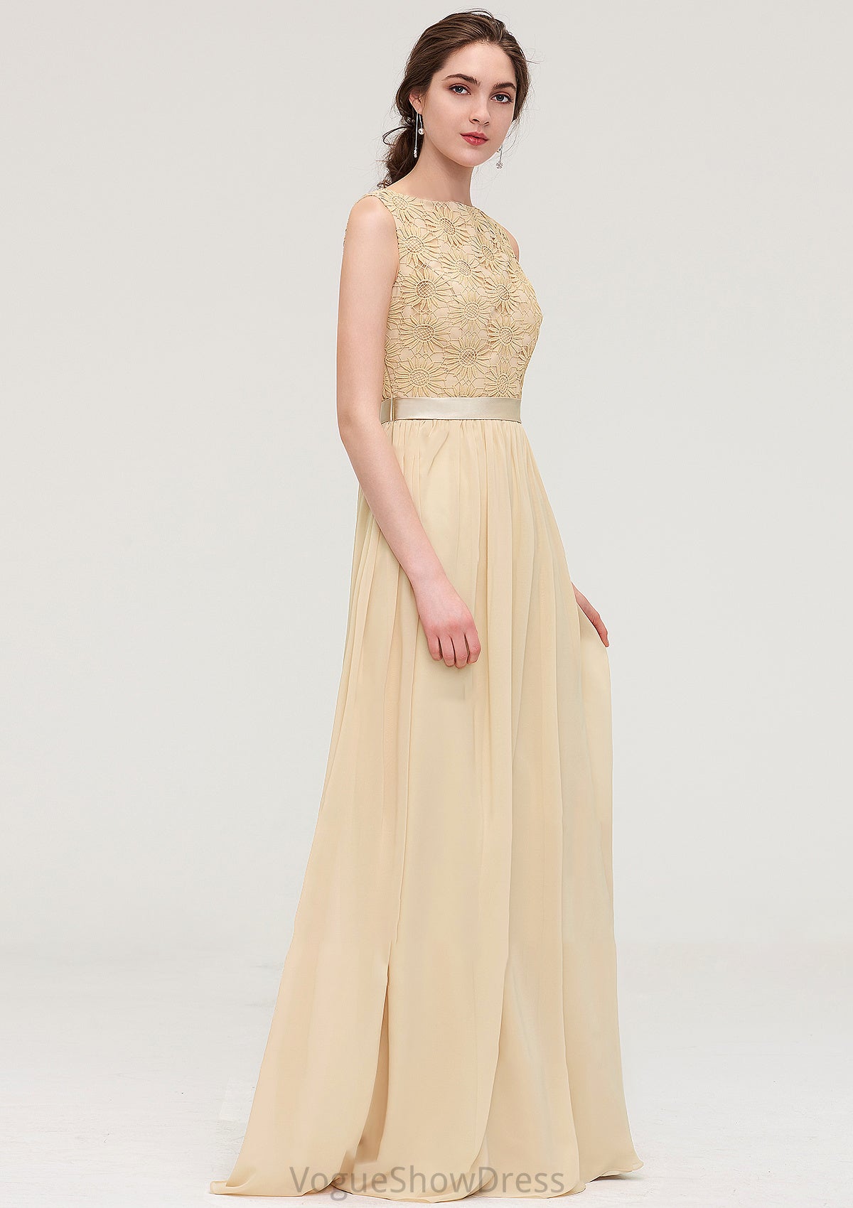 Bateau Sleeveless A-line/Princess Chiffon Long/Floor-Length Bridesmaid Dresses With Sashes Lace Sofia DLP0025472