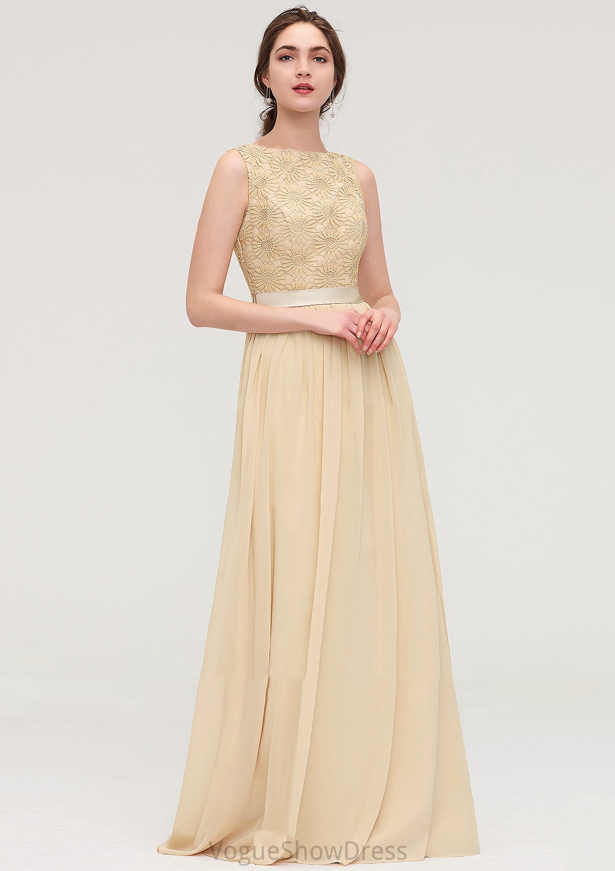 Bateau Sleeveless A-line/Princess Chiffon Long/Floor-Length Bridesmaid Dresses With Sashes Lace Sofia DLP0025472