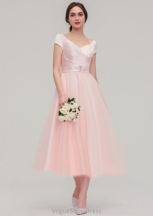 Sweetheart Short Sleeve Tea-Length Tulle A-line/Princess Bridesmaid Dresses With Waistband Beading Pleated Lindsey DLP0025473