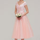 Sweetheart Short Sleeve Tea-Length Tulle A-line/Princess Bridesmaid Dresses With Waistband Beading Pleated Lindsey DLP0025473