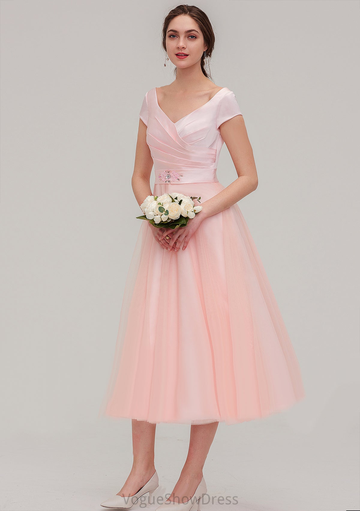 Sweetheart Short Sleeve Tea-Length Tulle A-line/Princess Bridesmaid Dresses With Waistband Beading Pleated Lindsey DLP0025473