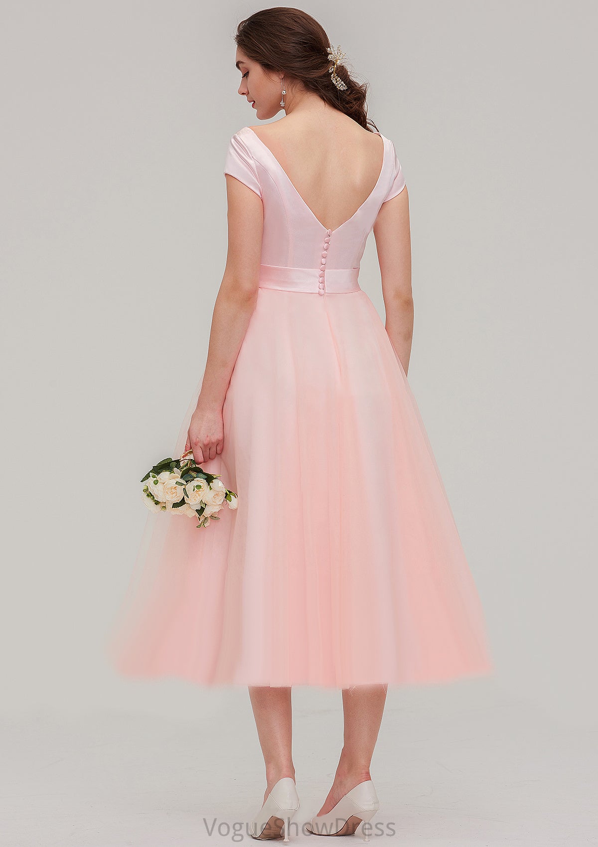 Sweetheart Short Sleeve Tea-Length Tulle A-line/Princess Bridesmaid Dresses With Waistband Beading Pleated Lindsey DLP0025473