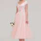 Sweetheart Short Sleeve Tea-Length Tulle A-line/Princess Bridesmaid Dresses With Waistband Beading Pleated Lindsey DLP0025473