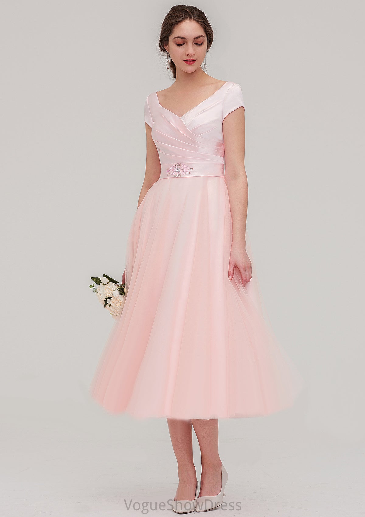 Sweetheart Short Sleeve Tea-Length Tulle A-line/Princess Bridesmaid Dresses With Waistband Beading Pleated Lindsey DLP0025473