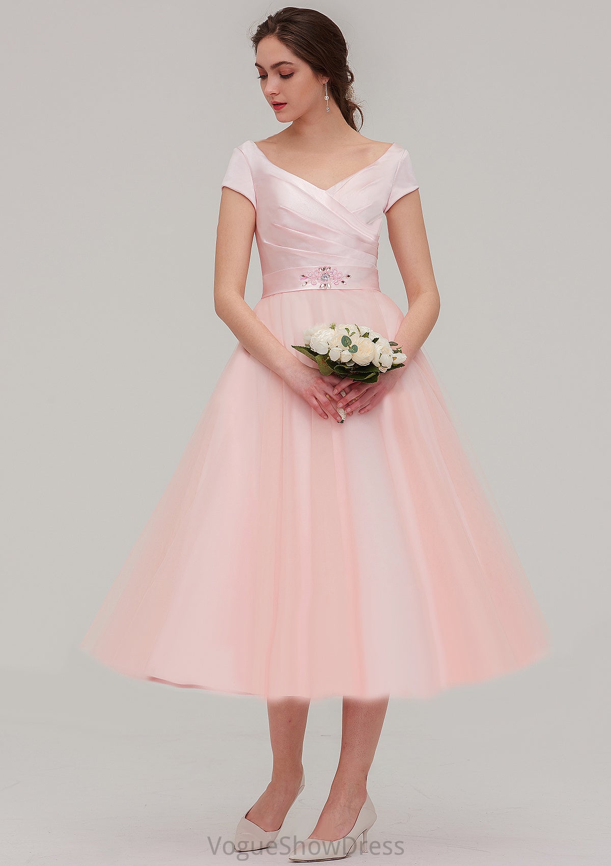 Sweetheart Short Sleeve Tea-Length Tulle A-line/Princess Bridesmaid Dresses With Waistband Beading Pleated Lindsey DLP0025473