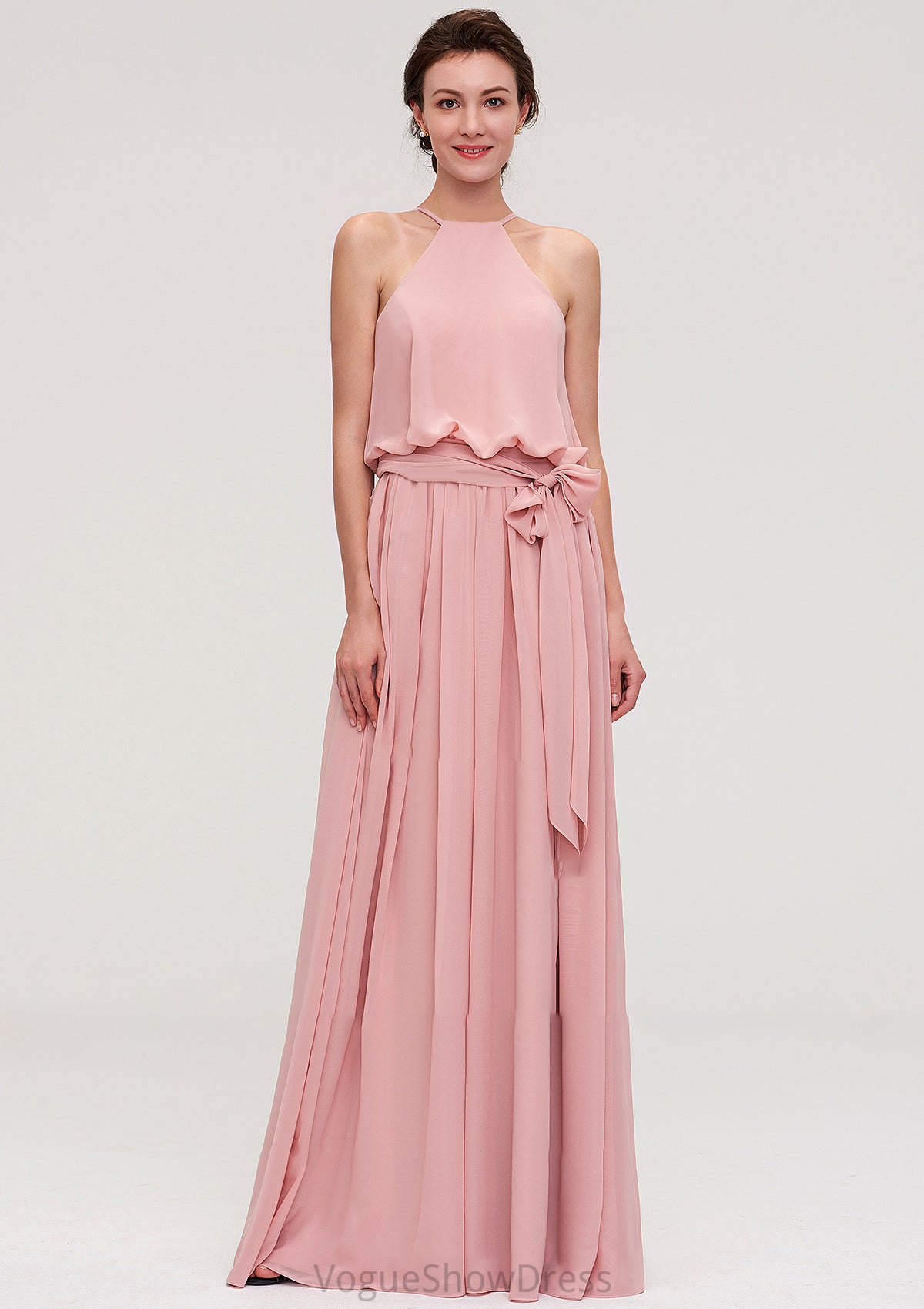 Sleeveless Scoop Neck A-line/Princess Chiffon Long/Floor-Length Bridesmaid Dresseses With Pleated Sashes Brooke DLP0025476