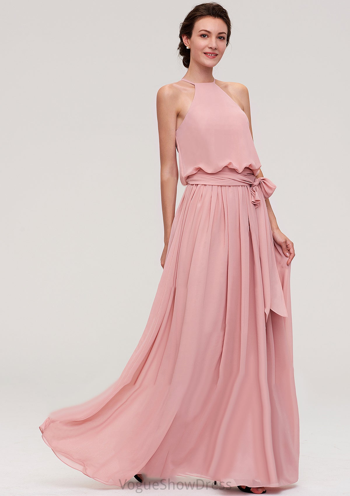 Sleeveless Scoop Neck A-line/Princess Chiffon Long/Floor-Length Bridesmaid Dresseses With Pleated Sashes Brooke DLP0025476