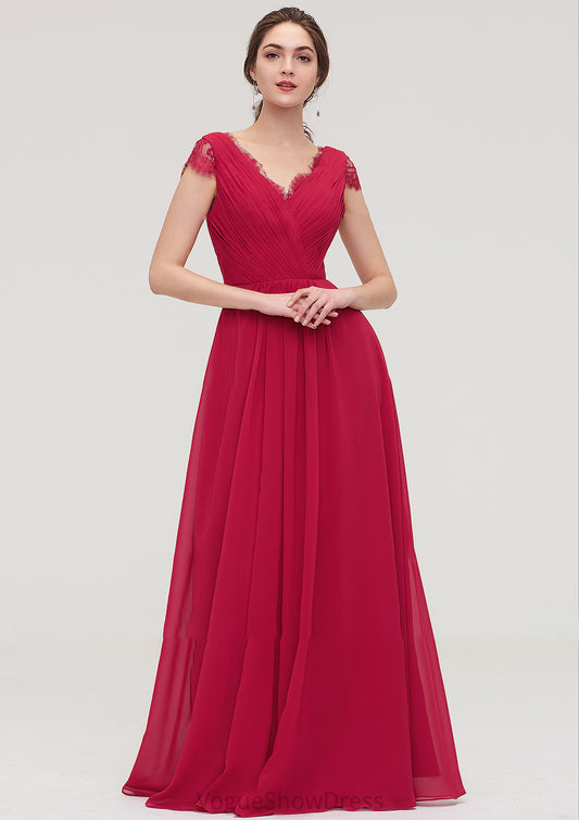 Sleeveless V Neck Long/Floor-Length Chiffon A-line/Princess Bridesmaid Dresses With Lace Pleated Mercedes DLP0025486