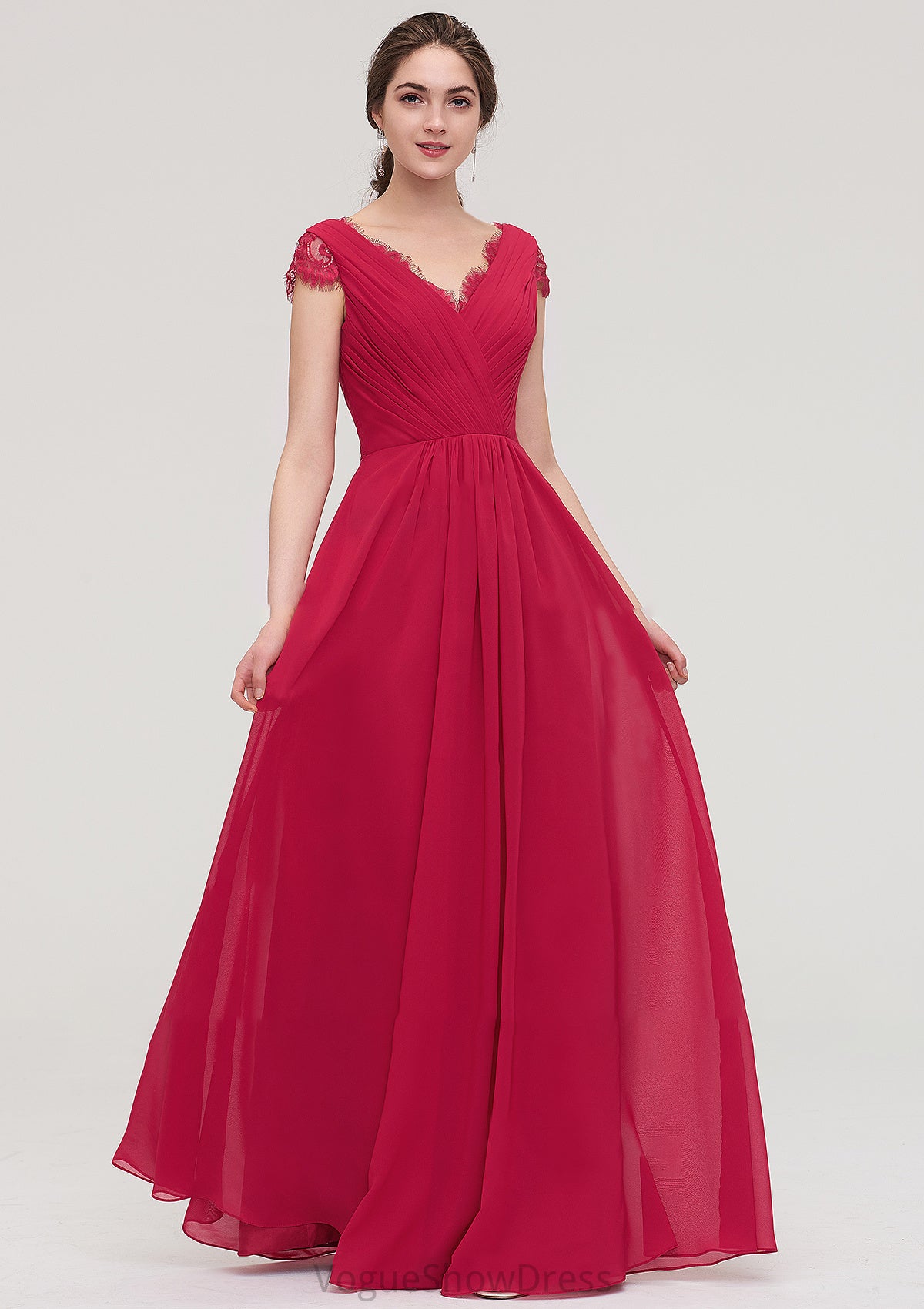 Sleeveless V Neck Long/Floor-Length Chiffon A-line/Princess Bridesmaid Dresses With Lace Pleated Mercedes DLP0025486