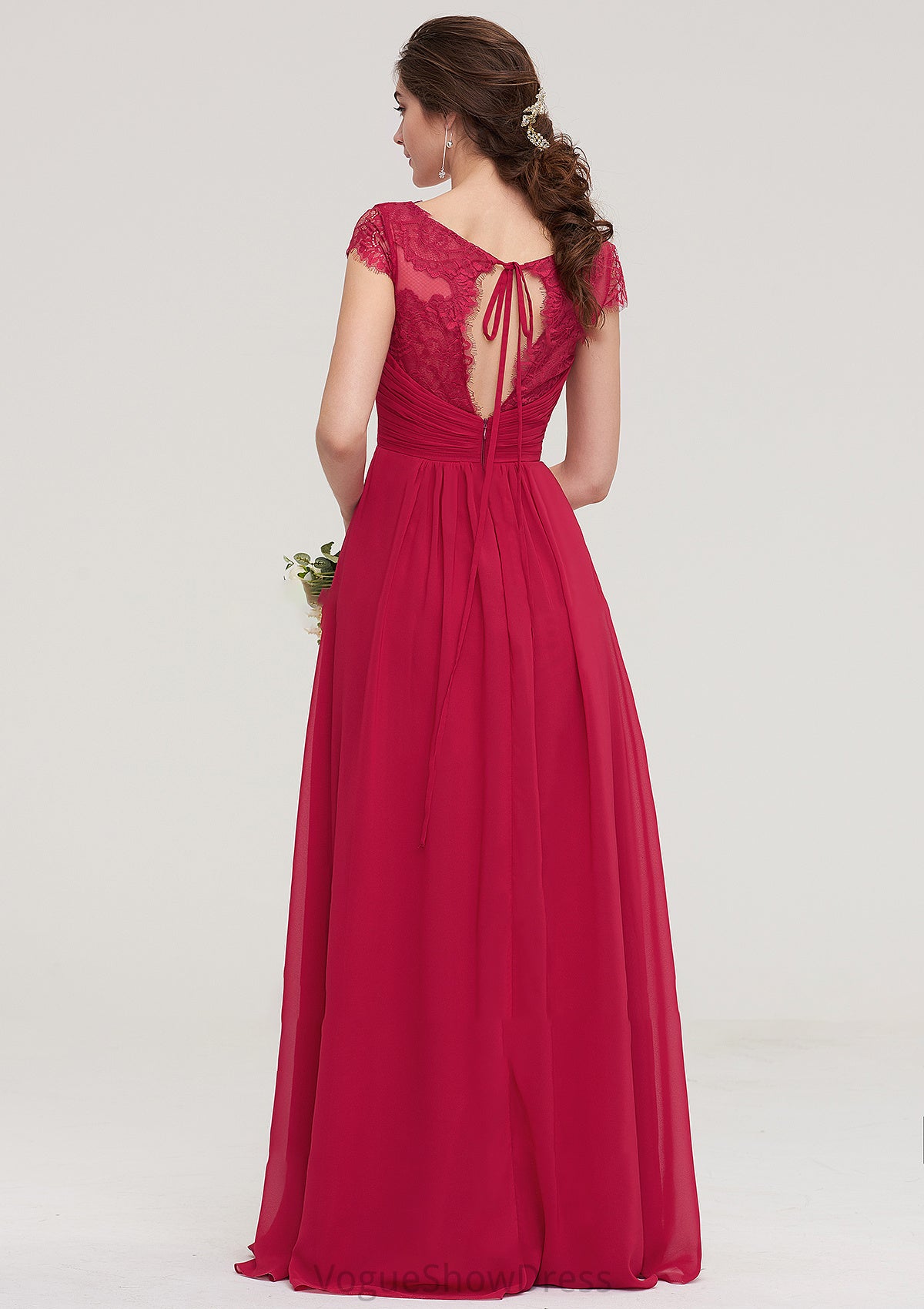 Sleeveless V Neck Long/Floor-Length Chiffon A-line/Princess Bridesmaid Dresses With Lace Pleated Mercedes DLP0025486