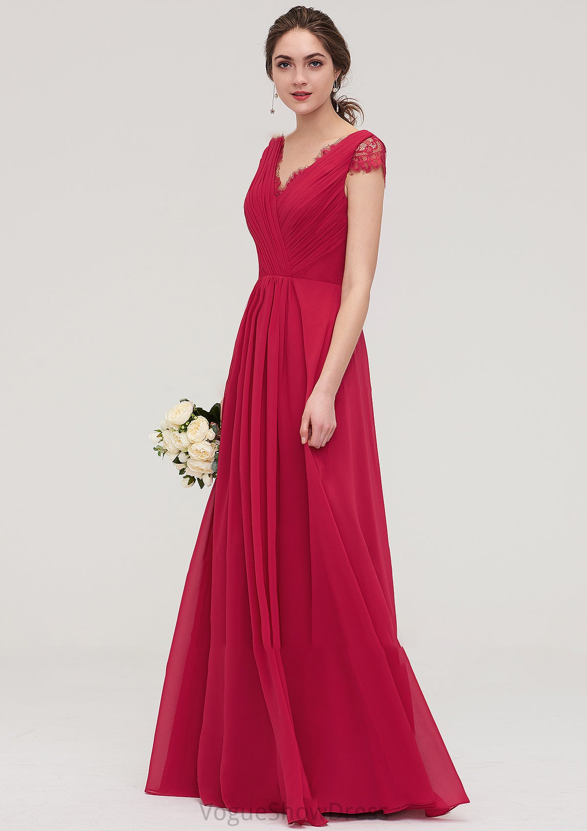 Sleeveless V Neck Long/Floor-Length Chiffon A-line/Princess Bridesmaid Dresses With Lace Pleated Mercedes DLP0025486