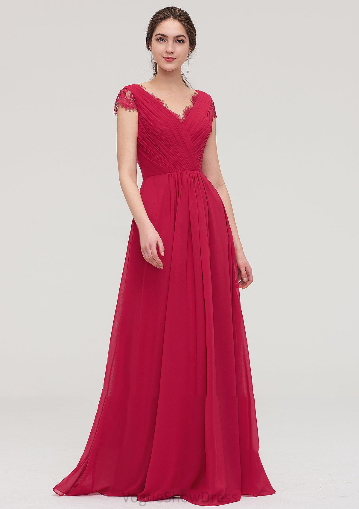 Sleeveless V Neck Long/Floor-Length Chiffon A-line/Princess Bridesmaid Dresses With Lace Pleated Mercedes DLP0025486