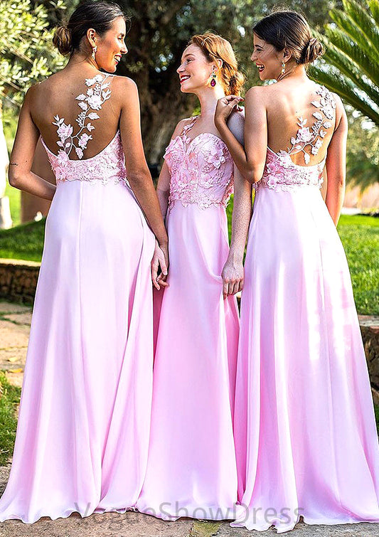 Sleeveless One-Shoulder Sweep Train A-line/Princess Chiffon Bridesmaid Dresseses With Appliqued Paige DLP0025506