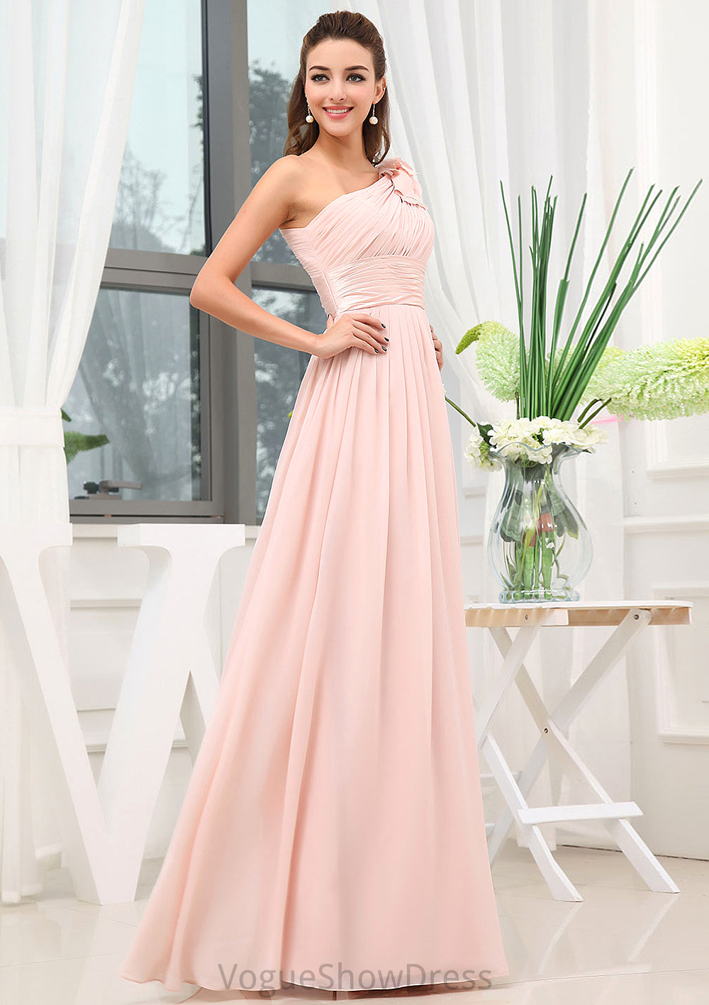 Sleeveless One-Shoulder Long/Floor-Length A-line/Princess Chiffon Bridesmaid Dresses With Pleated Shoulder Flower Emilia DLP0025507