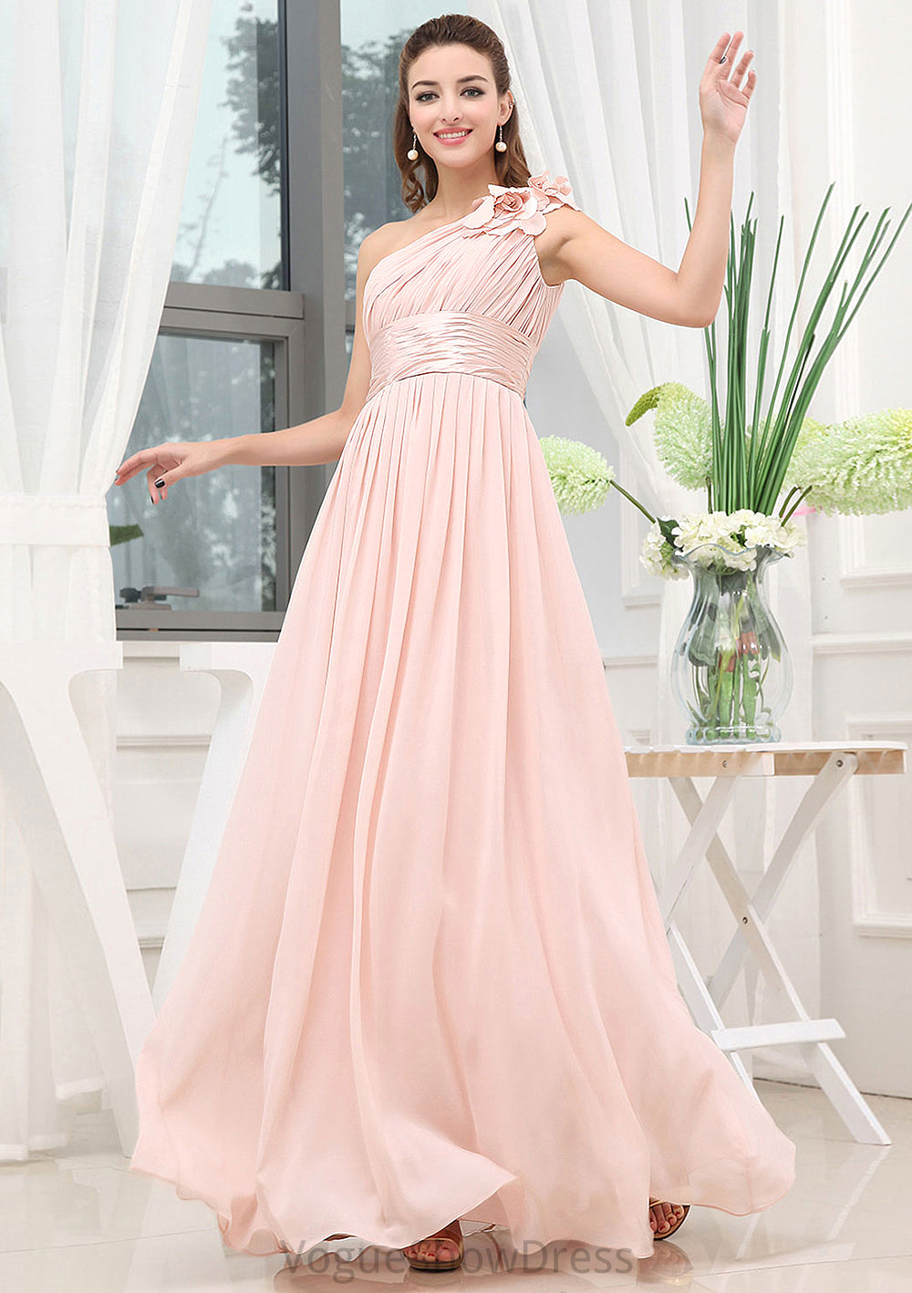 Sleeveless One-Shoulder Long/Floor-Length A-line/Princess Chiffon Bridesmaid Dresses With Pleated Shoulder Flower Emilia DLP0025507