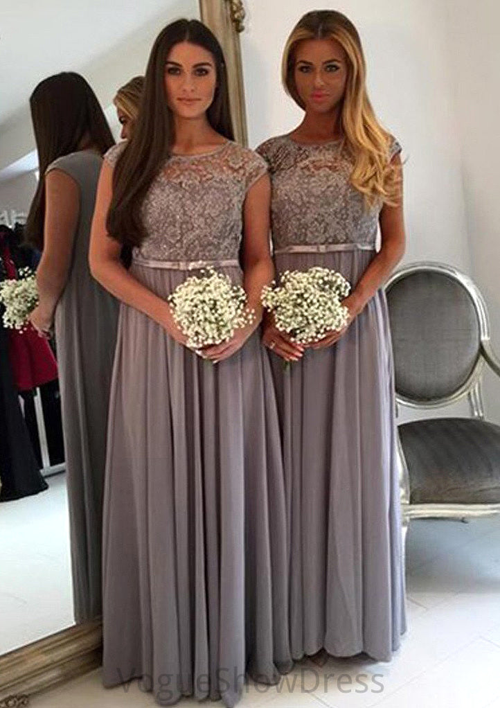 Bateau A-Line/Princess Long/Floor-Length Chiffon Bridesmaid Dresses With Appliqued Emma DLP0025517