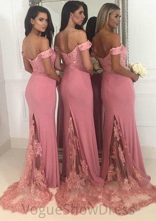 Sleeveless Off-the-Shoulder Sweep Train Sheath/Column Jersey Bridesmaid Dresseses With Lace Beading India DLP0025519