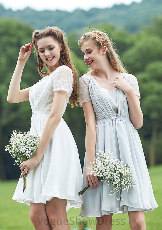 Short/Mini Scalloped Neck Short Sleeve Chiffon A-line/Princess Bridesmaid Dresseses With Lace Elyse DLP0025520