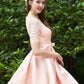 Bateau Short Sleeve Short/Mini A-line/Princess Satin Bridesmaid Dresses With Waistband Pleated Lace Shania DLP0025521