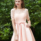 Bateau Short Sleeve Short/Mini A-line/Princess Satin Bridesmaid Dresses With Waistband Pleated Lace Shania DLP0025521