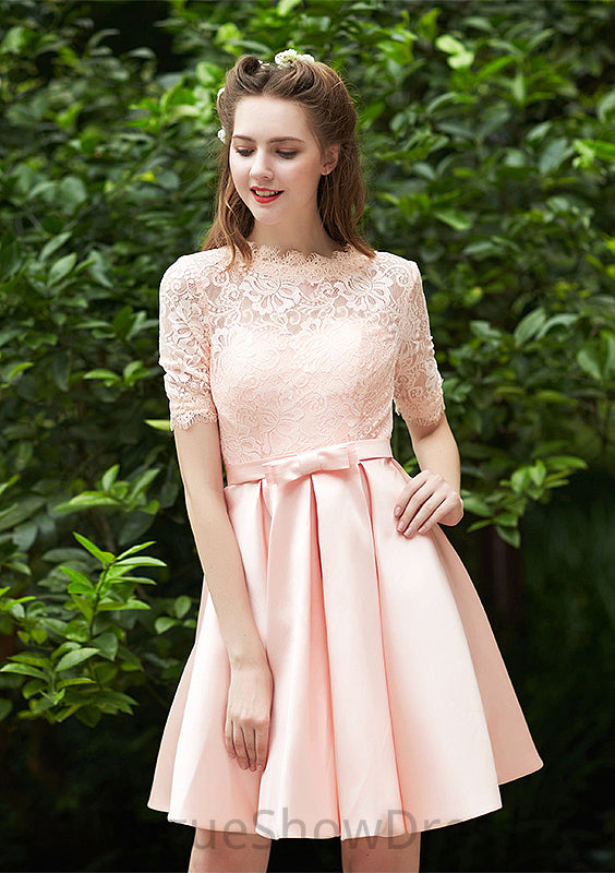 Bateau Short Sleeve Short/Mini A-line/Princess Satin Bridesmaid Dresses With Waistband Pleated Lace Shania DLP0025521