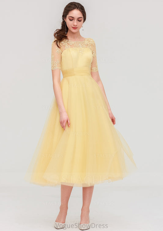 Bateau Short Sleeve A-line/Princess Tulle Tea-Length  Bridesmaid Dresses With Pleated Lace Sadie DLP0025522