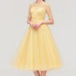 Bateau Short Sleeve A-line/Princess Tulle Tea-Length  Bridesmaid Dresses With Pleated Lace Sadie DLP0025522