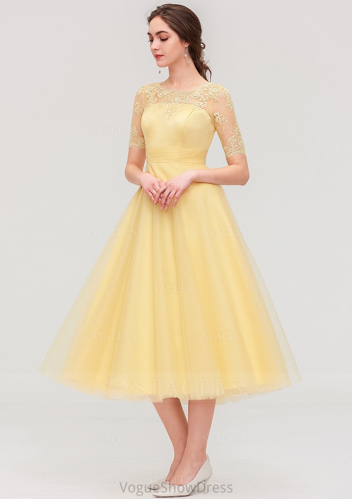 Bateau Short Sleeve A-line/Princess Tulle Tea-Length  Bridesmaid Dresses With Pleated Lace Sadie DLP0025522