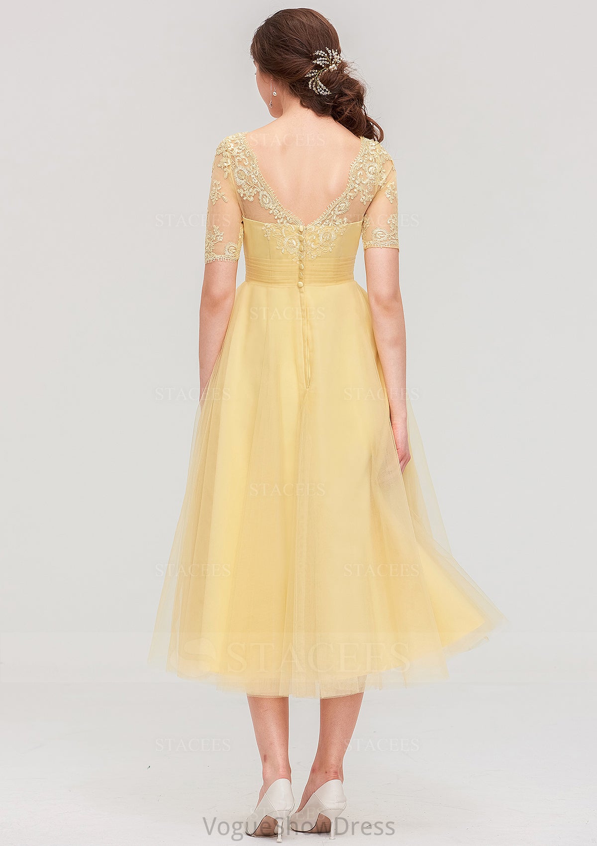 Bateau Short Sleeve A-line/Princess Tulle Tea-Length  Bridesmaid Dresses With Pleated Lace Sadie DLP0025522