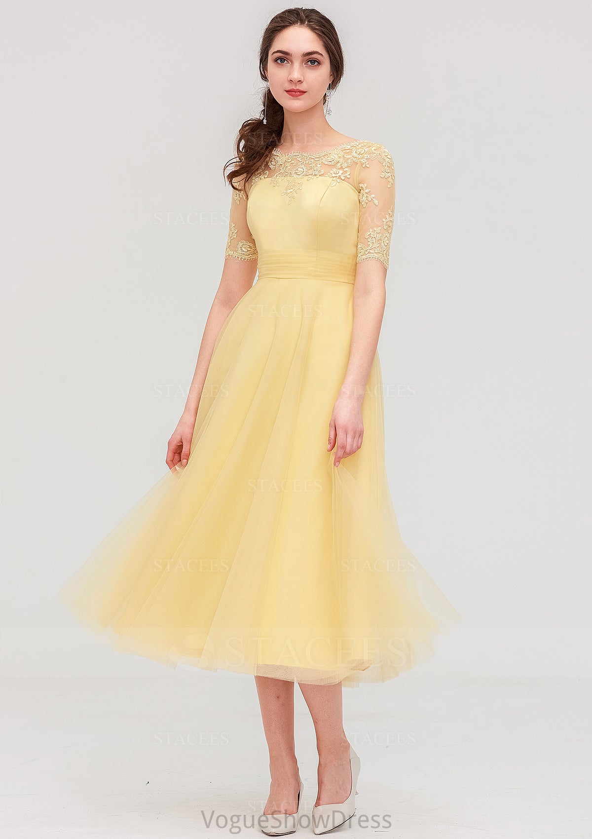 Bateau Short Sleeve A-line/Princess Tulle Tea-Length  Bridesmaid Dresses With Pleated Lace Sadie DLP0025522