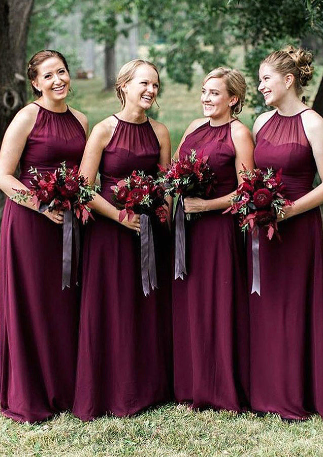 Sleeveless Scoop Neck Long/Floor-Length Chiffon A-line/Princess Bridesmaid Dresseses With Pleated Ruby DLP0025525