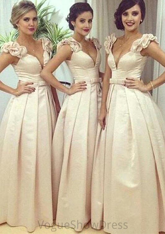 Sleeveless V Neck Long/Floor-Length A-line/Princess Satin Bridesmaid Dresseses With Pleated Waistband Meredith DLP0025536