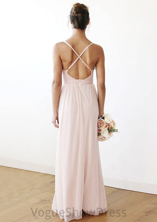 Spaghetti Straps Sleeveless V Neck Long/Floor-Length Chiffon Bridesmaid Dresses With Pleated Mina DLP0025561