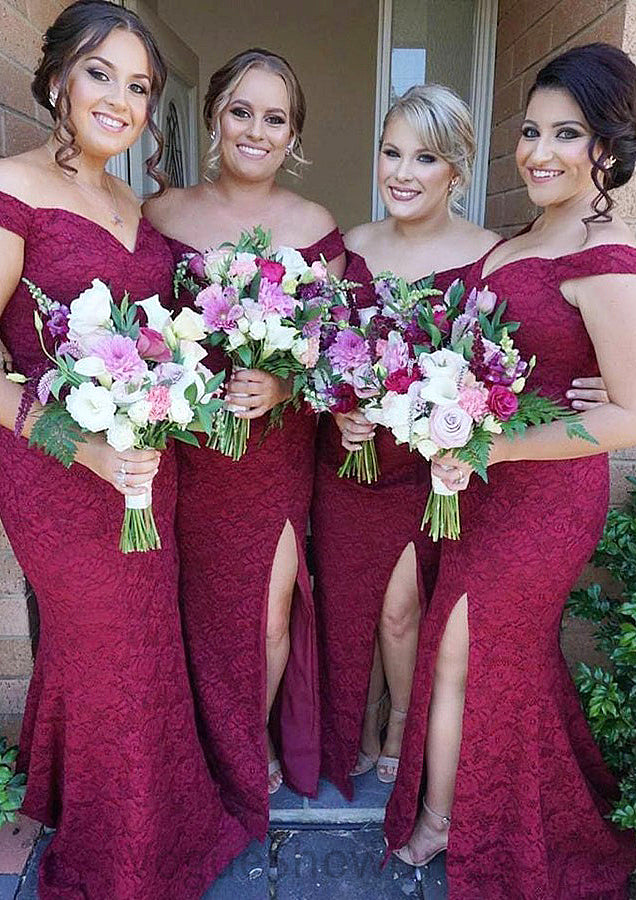 Sleeveless Off-the-Shoulder Long/Floor-Length Trumpet/Mermaid Lace Bridesmaid Dresseses With Split Marin DLP0025562