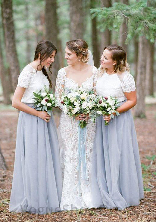 Short Sleeve Scoop Neck Long/Floor-Length A-line/Princess Tulle Bridesmaid Dresseses With Lace Lois DLP0025563